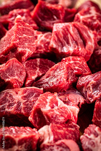 Pieces of raw beef. Macro background. 