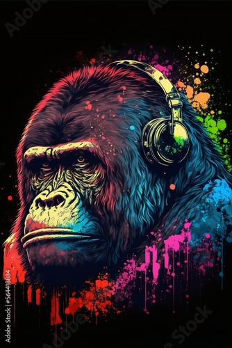 a monkey wearing headphones with a splash of paint
