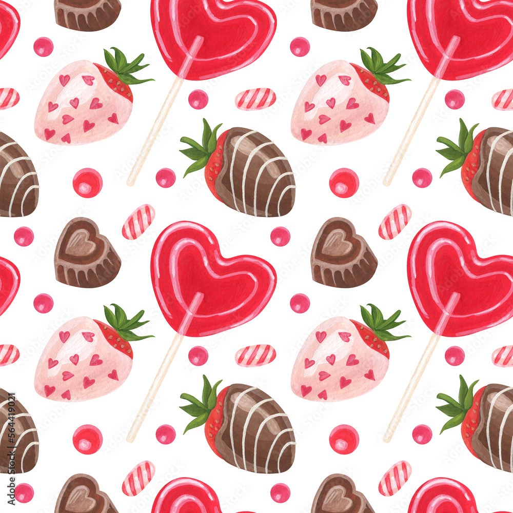 Seamless pattern with sweets. Chocolate-covered strawberries. Chocolates. Symbols of Valentine's day. Color illustration. Watercolor and gouache illustration. The print is used for packaging. Seamless pattern with sweets. Chocolate-covered strawberries. Chocolates. Symbols of Valentine's day. Color illustration. Watercolor and gouache illustration. The print is used for packaging.