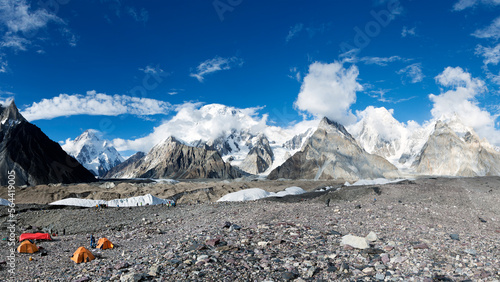 Broad peak and K2 mountain from Concordia campsite, K2 base camp trek, Karakoram, Pakistan photo