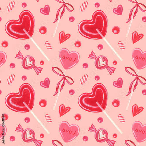 Seamless pattern with sweets. Lollipops in the form of a heart on a stick. Symbols of Valentine's day. Color illustration. Watercolor and gouache illustration. The print is used for packaging.