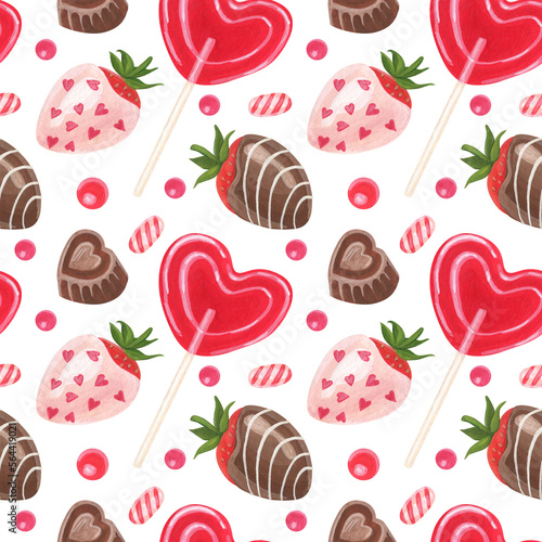 Seamless pattern with sweets. Chocolate-covered strawberries. Chocolates. Symbols of Valentine's day. Color illustration. Watercolor and gouache illustration. The print is used for packaging.