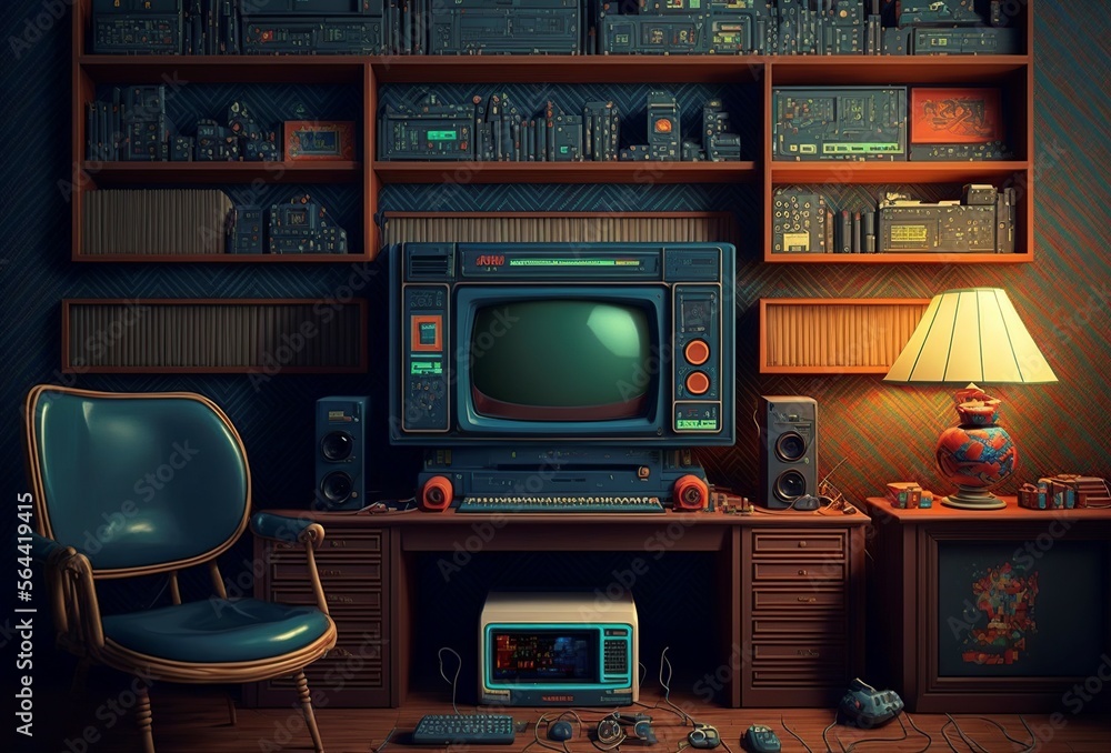 Fototapeta premium illustration, vintage retro room for entertainment, retro game concept, AI generative.