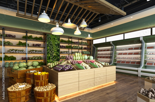 3d render food shop, grocery and fish store