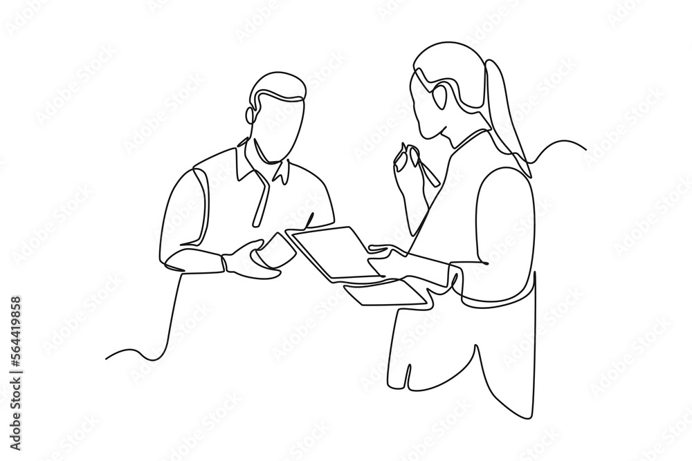 Single one line drawing Business people discussing about event planner and arranging tasks. Event planner concept. Continuous line draw design graphic vector illustration. Single one line drawing Business people discussing about event planner and arranging tasks. Event planner concept. Continuous line draw design graphic vector illustration.