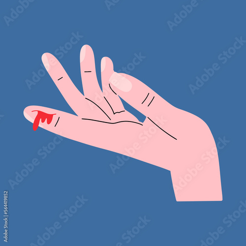 Illustration of a hand with a cut on the finger and blood. Vector hand drawn illustration