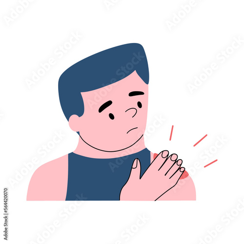 A young guy is suffering from shoulder pain. Trauma, inflammation of the shoulder. Vector hand drawn illustration