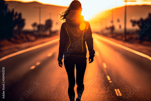 woman walking on the road at sunset. Generative AI