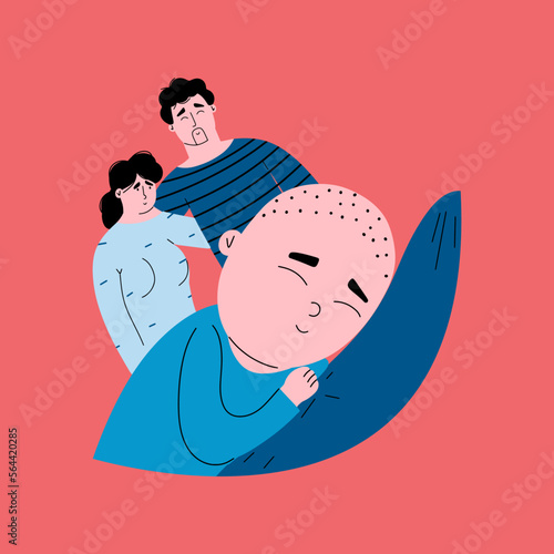 Tired parents are glad that the baby sleeps sweetly. The son sees sweet dreams, and mom and dad smile and rejoice. Infant healthy sleep concept. Vector hand drawn illustration