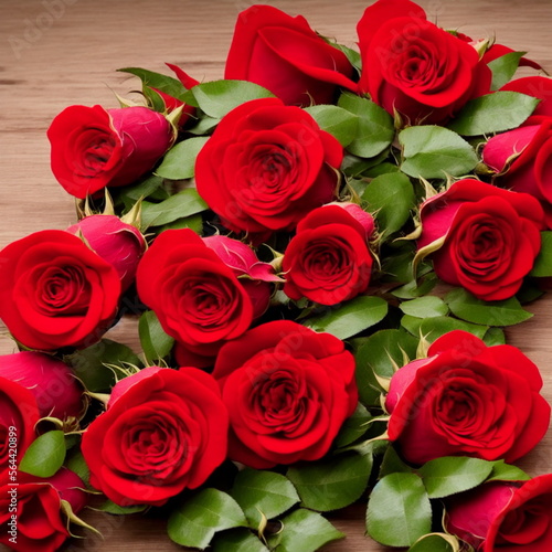 bouquet of red roses for valentines day against a wooden table