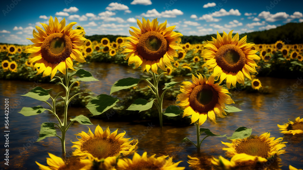 Sunflowers on the banks of a river, with Generative AI