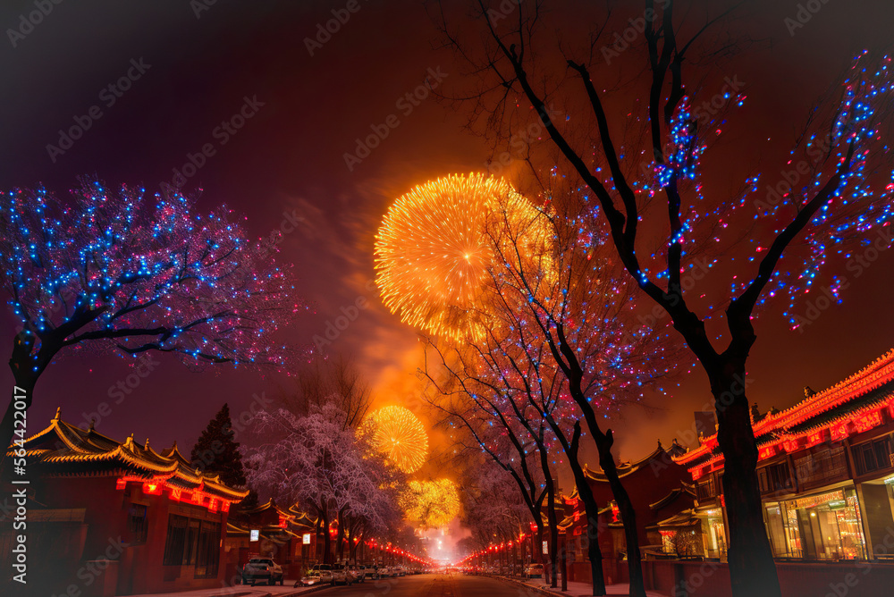 Fototapeta premium chinese new year,tree in the night,fireworks in the city