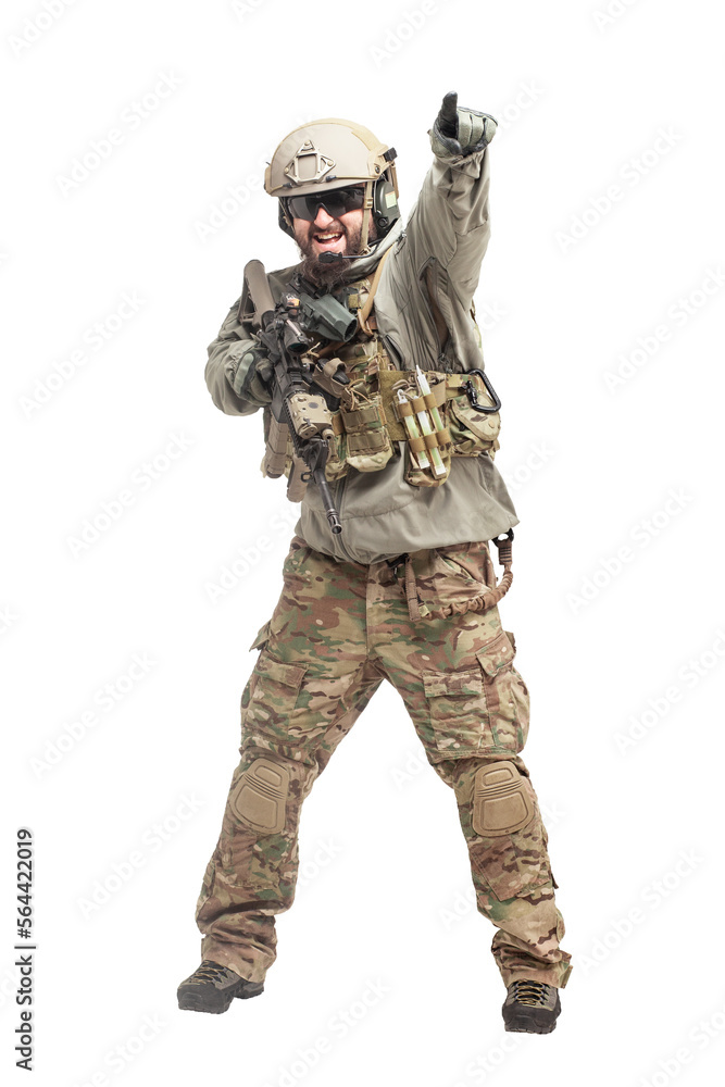 American soldier in military equipment with a rifle attacks on a white background, a commando with weapons in uniform, a ranger in action American soldier in military equipment with a rifle attacks on a white background, a commando with weapons in uniform, a ranger in action