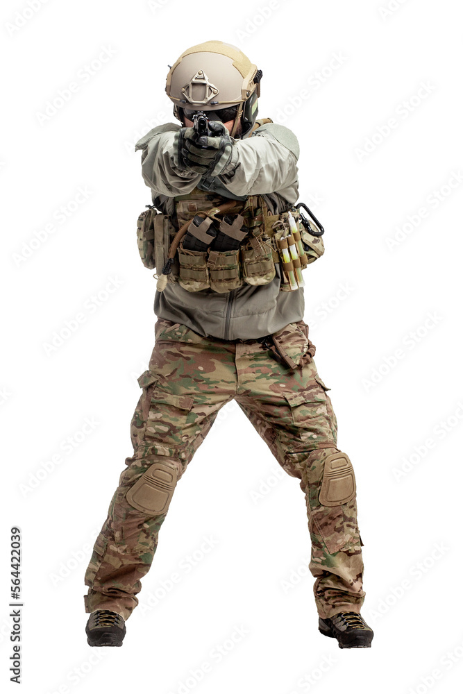 soldier in military equipment with a gun on a white background, a commando in uniform with a gun to aim and attack soldier in military equipment with a gun on a white background, a commando in uniform with a gun to aim and attack