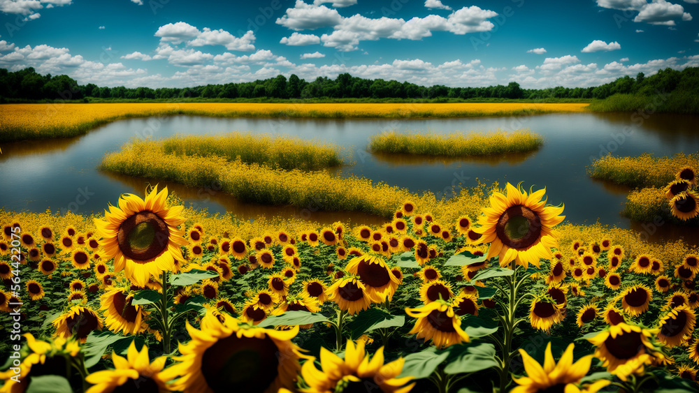 Obraz premium Sunflowers on the banks of a river, with Generative AI