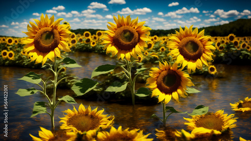 Sunflowers on the banks of a river  with Generative AI