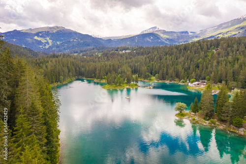 Aerial view of Caumer Lake in Graubunden canton late afternoon  flims  Graubunden  Switzerland