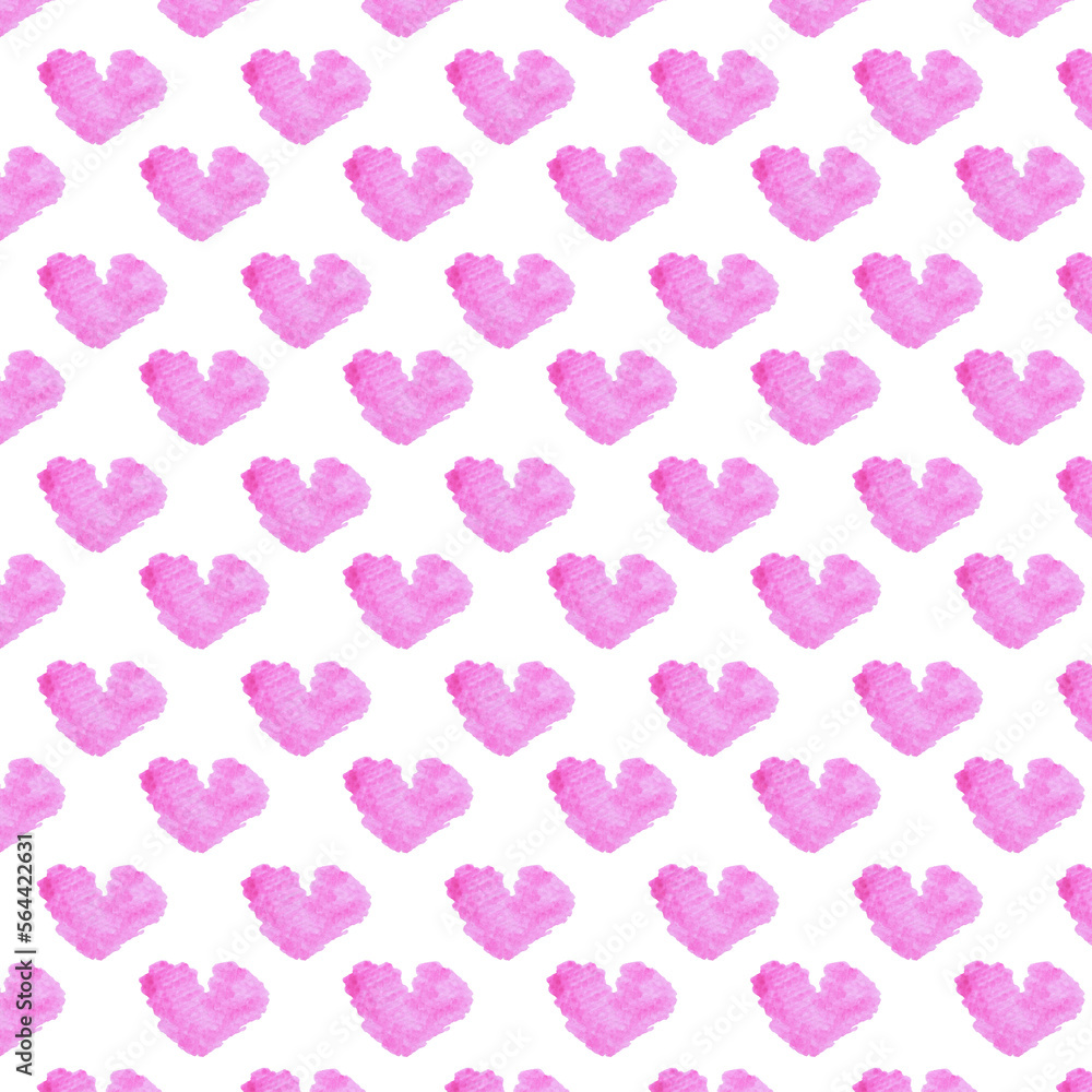seamless hand-painted watercolor pink hearts pattern on pink background