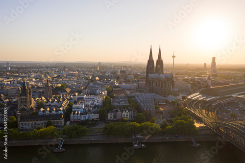 View of Cologne  the Rhine river and Cathedral by sunset