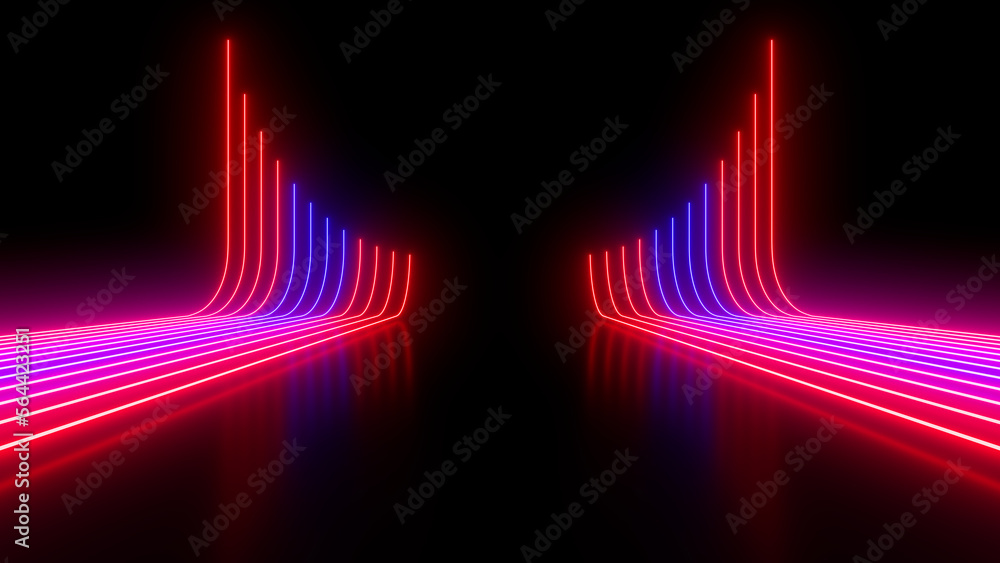 Sci Fy neon glowing wave lines in a dark hall. Reflections on the floor. Empty background in the center. 3d rendering image. Abstract glowing lines. Techology futuristic background.