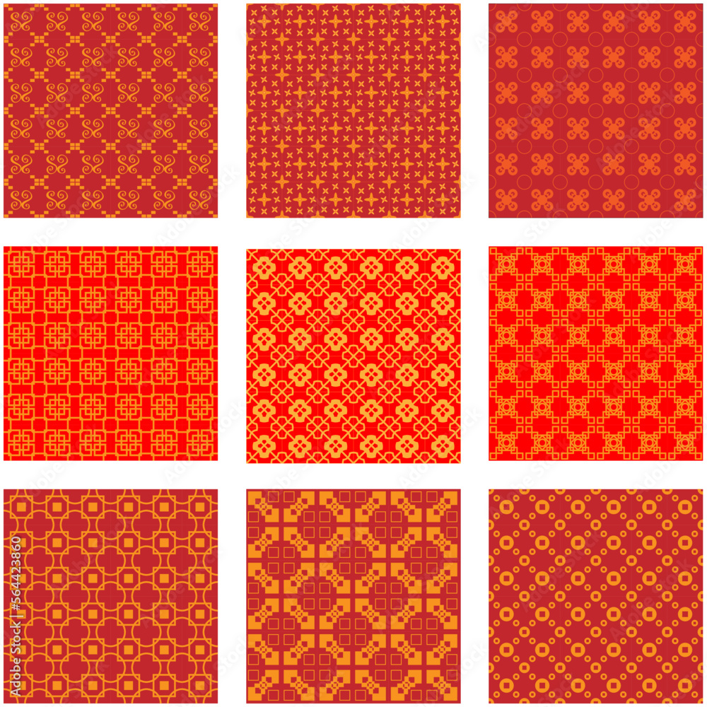 Set of red and yellow decorative seamless patterns suitable for weddings Set of red and yellow decorative seamless patterns suitable for weddings