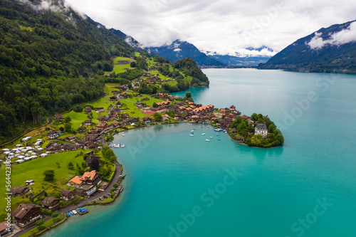 Aerial view of Iseltwald village on Brienzer see lake © TambolyPhotodesign