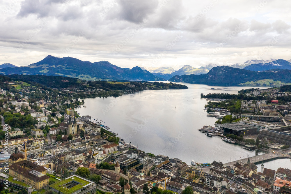 View of the city of Lucerne with the lake and mountains in the background from above
