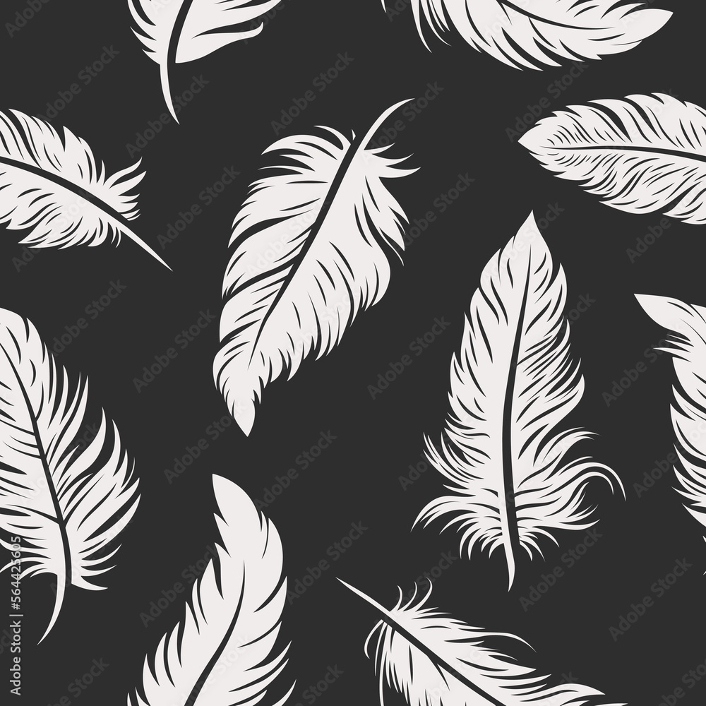 Vector Seamless Pattern with Different White Fluffy Feather Silhouettes on Black Background. Design Template of Flamingo, Angel, Bird Feathers for Wall Paper, Textile. Lightness, Freedom Concept Vector Seamless Pattern with Different White Fluffy Feather Silhouettes on Black Background. Design Template of Flamingo, Angel, Bird Feathers for Wall Paper, Textile. Lightness, Freedom Concept