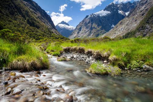 A small river in Monkey Creek surrounded by mountains in Milford Sound of New Zealand