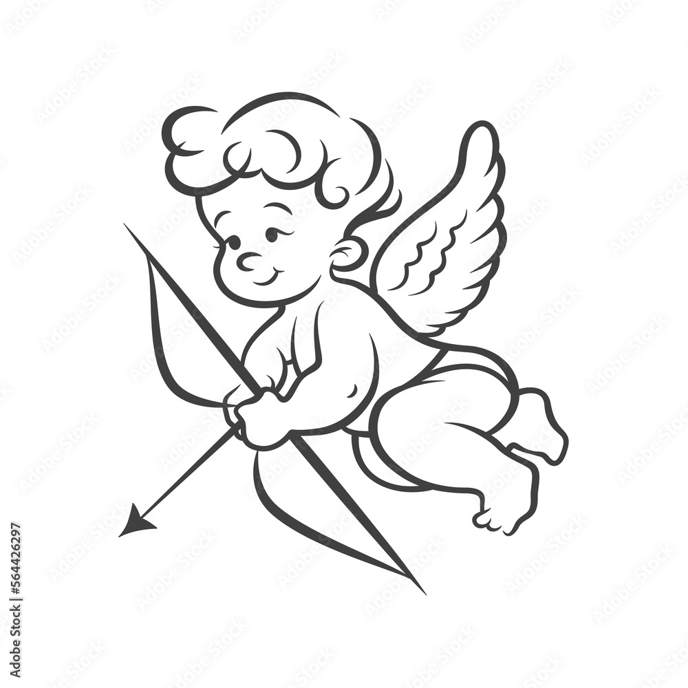 Flying Vector Cupid Boy Holding Bow, Aiming, Shooting Arrow, Hand Drawn ...