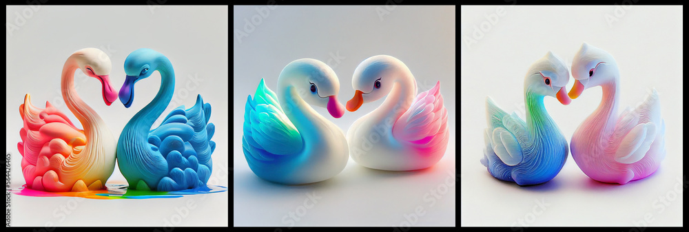 Two adorable multicolored swans. AI generative.