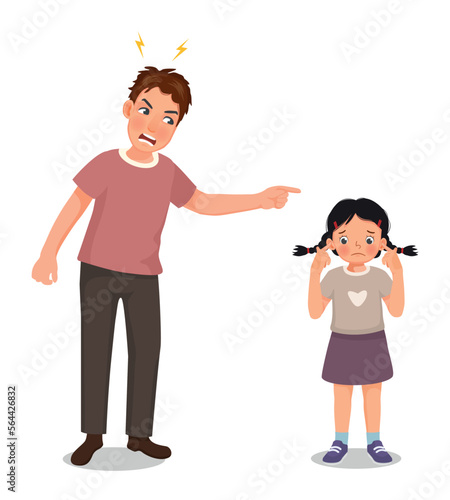 Angry father scolding his little daughter for bad behavior and ignorance who covering her ears do not listen
