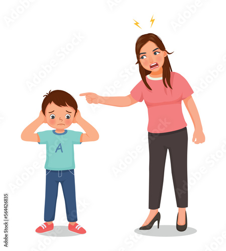 Angry mother scolding her little son for bad behavior and ignorance who covering his ears do not listen