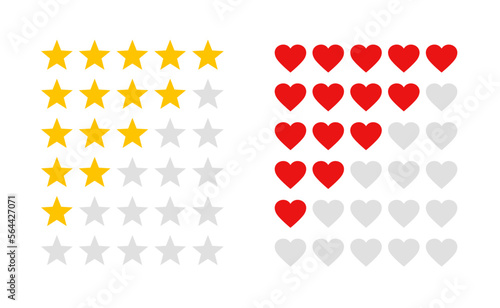 Product rating or customer review with gold stars and red hearts