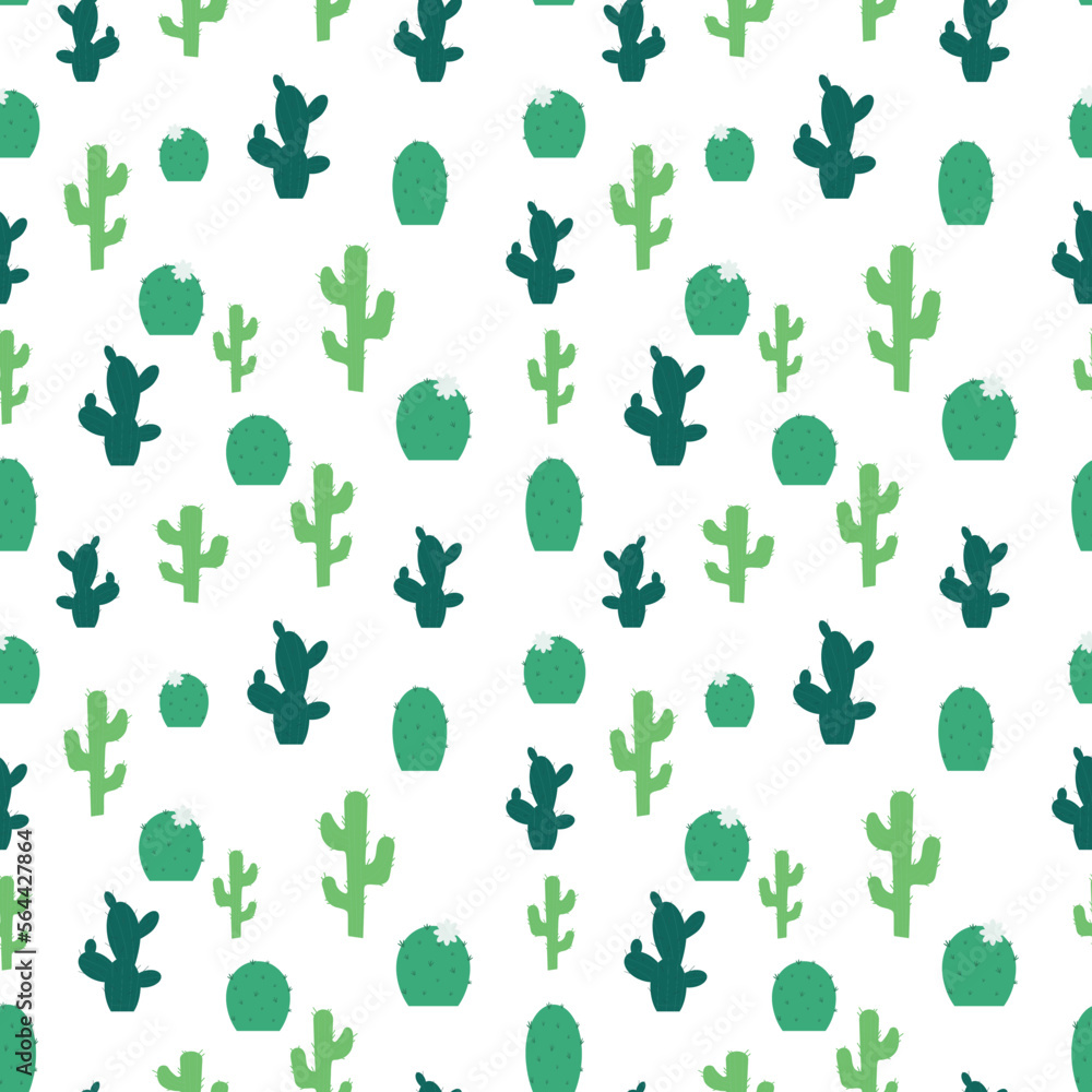 Seamless pattern with green cactuses on the white background.