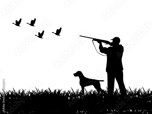 Hunter with dog hunting animals in the forest. Black silhouette Hunter. Vector
