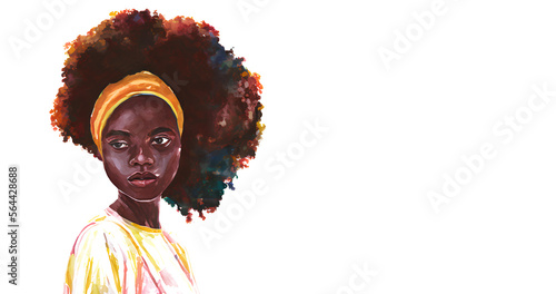 Watercolor beauty african woman. Hand drawn abstract portrait of a afro girl. Painting illustration on white background for black history month poster