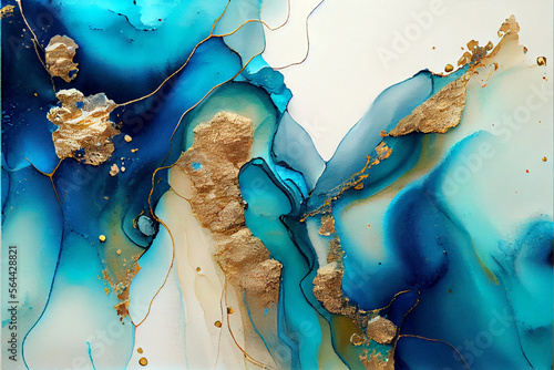 Beautiful alcohol ink painting with blue abstract. Pastel tones with golden cracks background isolated on white. Generative ai illustration