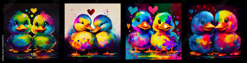 Set of couple of adorable ducks. AI generative. Set of couple of adorable ducks. AI generative.