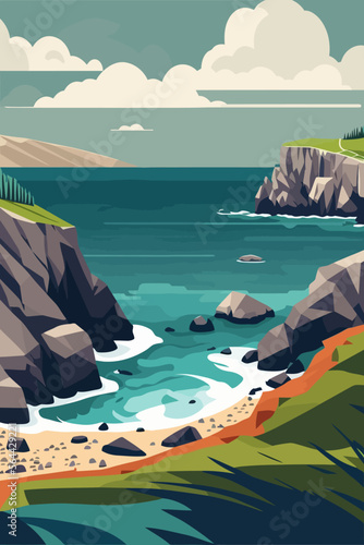 seaside view from the coastal hills overgrown with vegetation, hills and meadows near the sea coast landscape