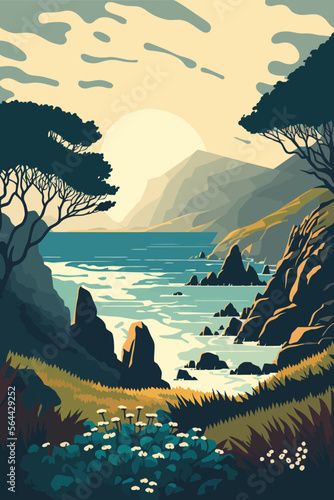 seaside view from the coastal hills overgrown with vegetation, hills and meadows near the sea coast landscape