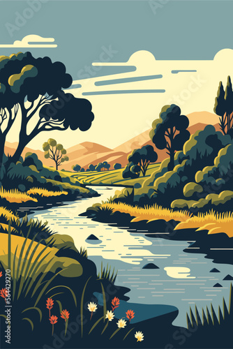 river flow with forrest mountain background view landscape
