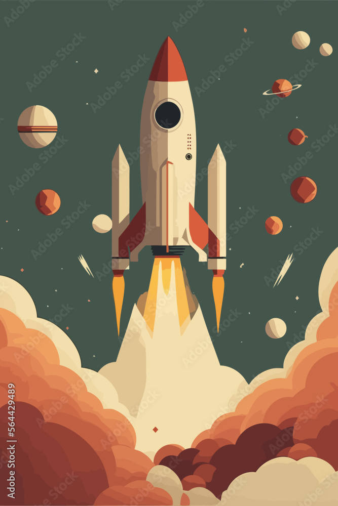 Naklejka premium Space ship Rocket launch in the sky flying over clouds vector illustration