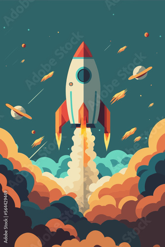Space ship Rocket launch in the sky flying over clouds vector illustration