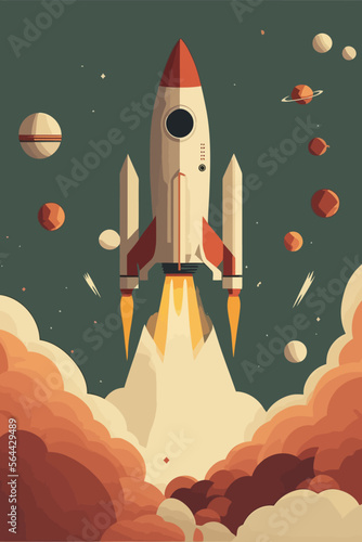 Space ship Rocket launch in the sky flying over clouds vector illustration