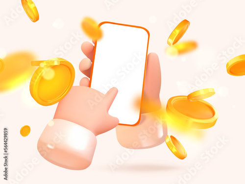 Mobile in hands with a finger pointing at the screen, coins flying around. Win or income. 3d style, realism. Vector illustration