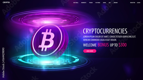 Banner for website with offer and 3D coin of Bitcoin in blue and pink hologram of digital rings in dark room