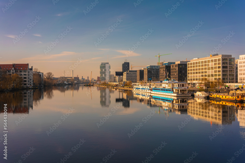 View of the skyline of eastside gallery on the Spree river in Berlin 