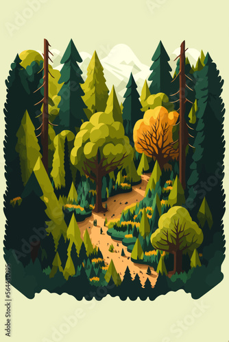 landscape green forest, pine trees in wilderness of a national park vector illustration