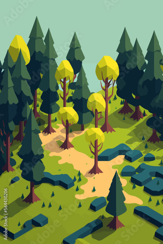 landscape green forest, pine trees in wilderness of a national park vector illustration
